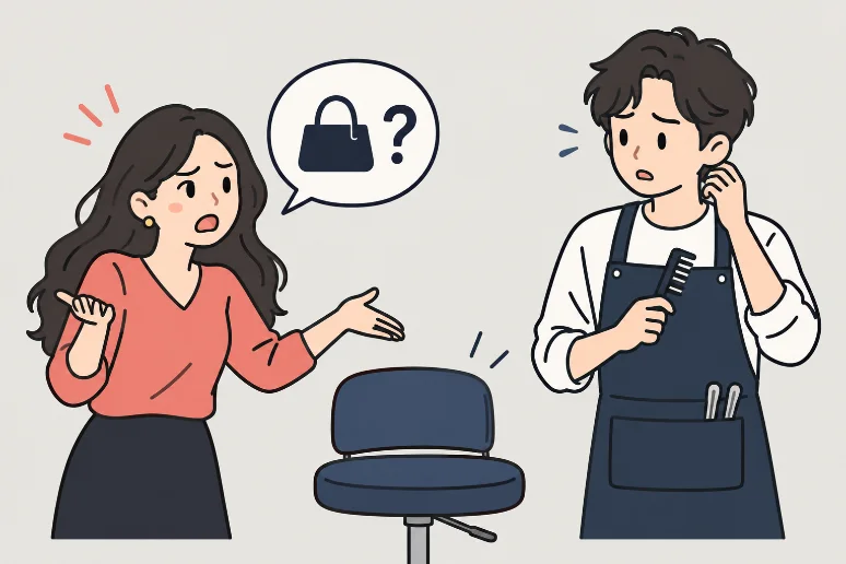 미용실에서 손님이 가방이 없어졌다고 말하는 그림