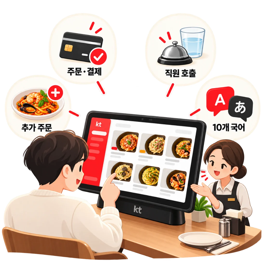 손님이 테이블의 하이오더 태블릿으로 주문하는 모습