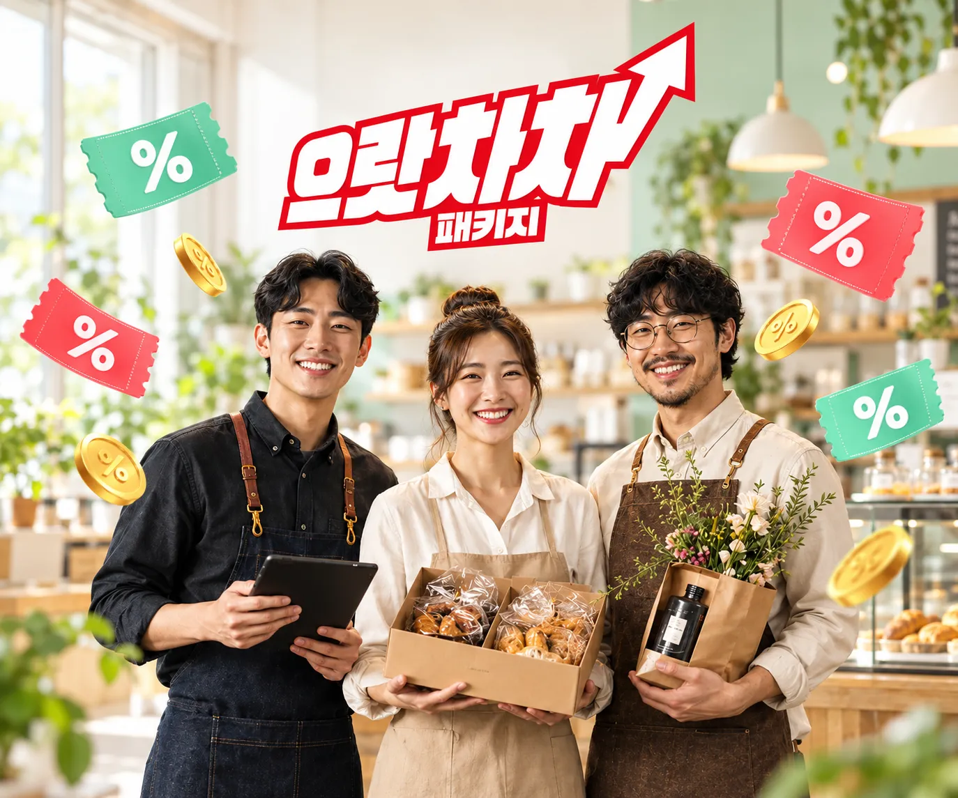 으랏차차 패키지 — 할인 쿠폰과 함께 웃고 있는 매장 사장님들